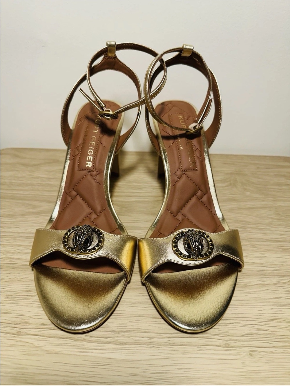 NWT! Kurt Geiger London Chelsea Metallic Gold Leather Ankle-Strap Heel Sandals